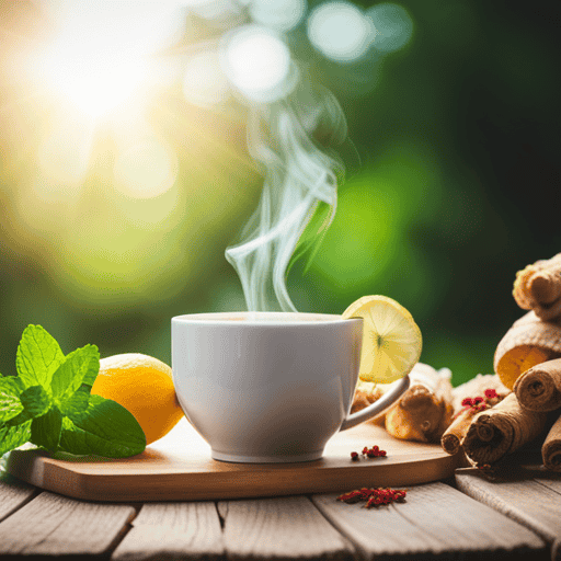 An image showcasing a serene scene of a cup of steaming herbal tea surrounded by vibrant, fresh ingredients like mint leaves, lemon slices, and ginger root