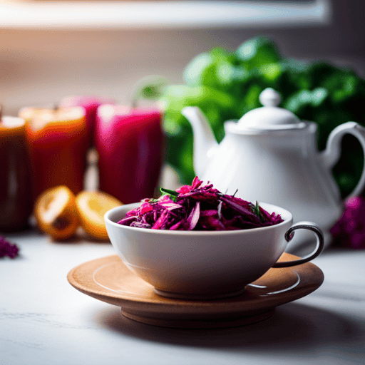 An image showcasing a serene, sunlit kitchen counter with a teapot pouring vibrant, magenta Jamaica flower tea into a delicate porcelain cup, surrounded by fresh fruits, vegetables, and a measuring tape
