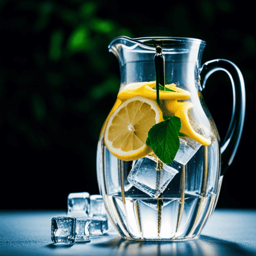An image capturing a glass pitcher filled with ice cubes, surrounded by vibrant fresh mint leaves and sliced lemons