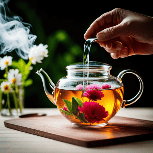 An image showcasing the delicate process of making a cup of flower tea: a graceful hand gracefully pouring steaming water over vibrant, blooming flowers in a glass teapot, releasing delicate fragrances into the air