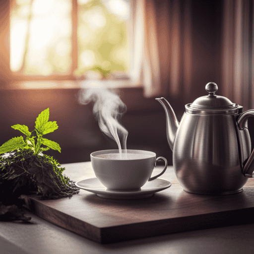 An image showcasing a serene kitchen scene with a steaming cup of herbal nettle infusion tea