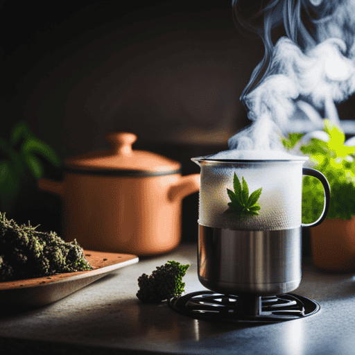 An image capturing a serene kitchen scene: a boiling pot on a stove, steam gently rising, as vibrant green marijuana flowers are lovingly added, infusing the water with their essence, ready to brew a cup of aromatic and calming marijuana tea