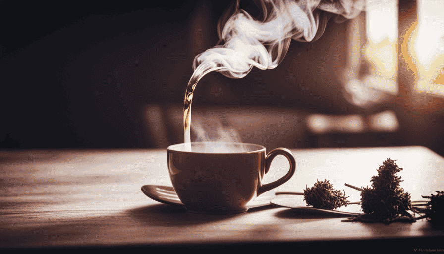 An image showcasing a serene kitchen scene with a steaming teapot pouring a rich amber liquid into a delicate teacup, while a whole cannabis flower floats gently in the brew