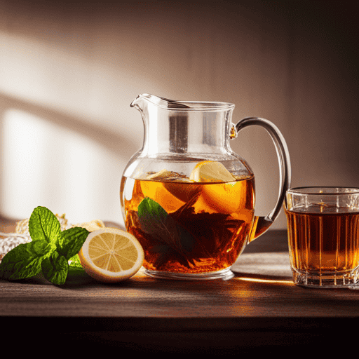 An image showcasing a clear glass pitcher filled with a vibrant amber herbal tea, adorned with fresh mint leaves and slices of lemon