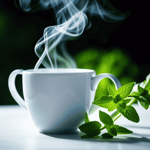 An image showcasing a steaming cup of herbal detox tea, with vibrant green hues and delicate wisps of steam rising from the mug