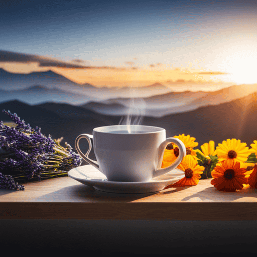 An image featuring a serene setting with a cup of steaming herbal tea infused with chamomile, calendula, and lavender, surrounded by fresh herbs, emphasizing the soothing properties for dermatitis relief