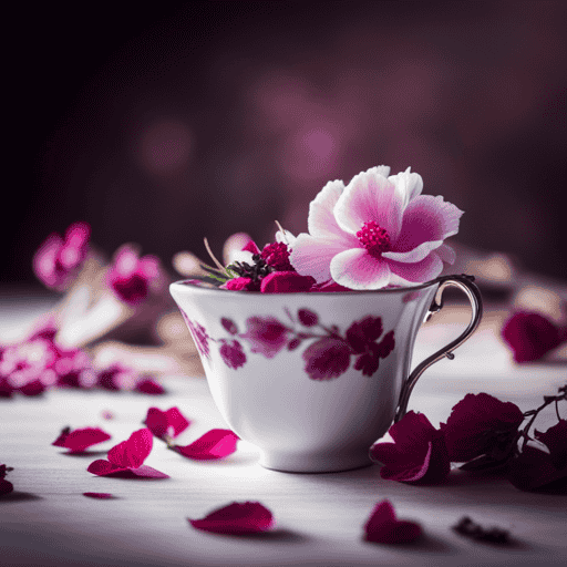 An image featuring a delicate porcelain teacup adorned with vibrant pink rose petals, surrounded by a medley of dried hibiscus, chamomile, and lavender flowers, capturing the essence of crafting a delightful pink herbal tea