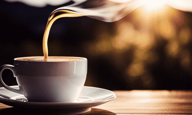 An image capturing the serene process of making a Rooibos Tea Latte: a steaming cup of creamy, amber liquid being poured into a delicate, patterned mug, with swirling tendrils of steam rising in the air