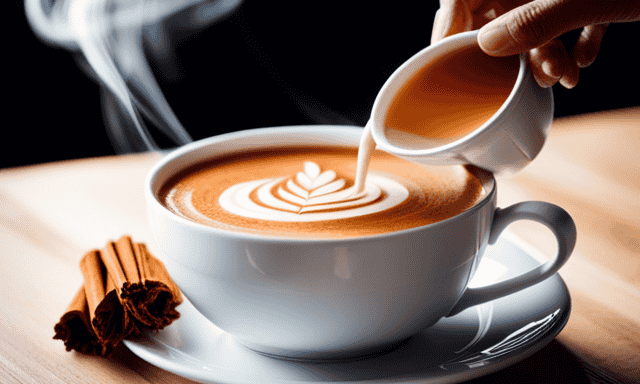 An image showcasing a hand pouring steaming vanilla-infused rooibos tea into a frothy latte cup