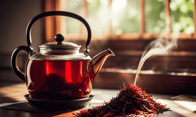 the essence of crafting African Rooibos tea: An image of graceful hands delicately pouring steaming water over vibrant red rooibos leaves, nestled in a ceramic teapot, with sunlight filtering through a rustic kitchen window