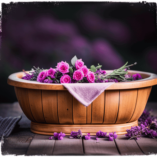 Nt, rustic scene showcasing a wooden bathtub filled with warm water, adorned with floating rose petals and a mesh bag brimming with fragrant dried herbs, surrounded by fresh lavender sprigs and a cozy towel