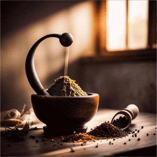An image capturing a serene scene of a mortar and pestle gently grinding a vibrant medley of dried herbs, releasing fragrant wisps of steam, as sunlight filters through a nearby window