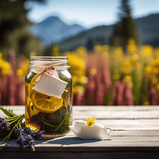the essence of summer in a vibrant image featuring a rustic mason jar filled with steeping herbal tea bags, fresh lemon slices, and a colorful bouquet of chamomile, lavender, and mint from Mountain Rose Herbs