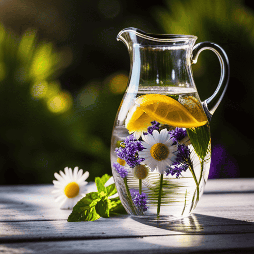 An image showcasing a glass pitcher filled with crystal-clear water, adorned with vibrant fresh herbs like chamomile, mint, and lavender, gently infusing their essence into the liquid under the warm sun