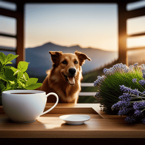 An image showcasing a serene scene of a dog sipping on a cup of herbal tea, surrounded by an assortment of heart-healthy herbs like hawthorn, dandelion, and lavender, all beautifully displayed on a wooden tea tray