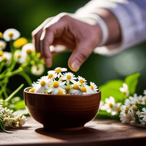 An image showcasing a serene scene with hands gently plucking fresh chamomile and ginger from a lush herb garden, ready to be brewed into a soothing cup of herbal tea for arthritis relief