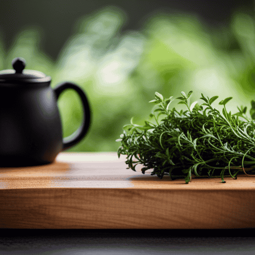 An image showcasing a rustic wooden cutting board with fresh thyme sprigs neatly arranged next to a teapot, infuser, and cup