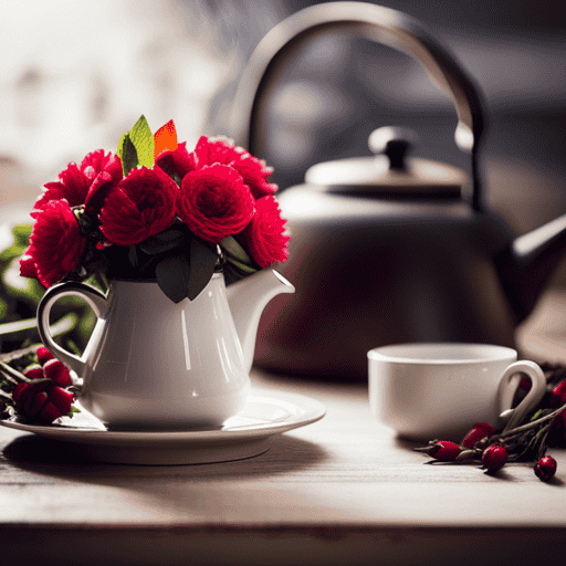 An image of a serene kitchen scene with a rustic wooden table adorned with fresh rose hips, a kettle steaming with fragrant herbal tea, and delicate tea cups, exuding warmth and tranquility