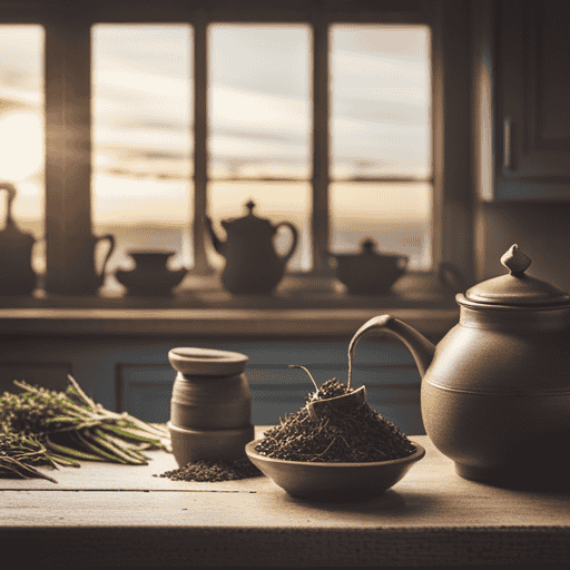 An image showcasing a serene kitchen scene with a rustic wooden table adorned with neatly arranged jars of dried herbs, a mortar and pestle, a teapot, and delicate tea cups, conveying the art of crafting and selling herbal tea