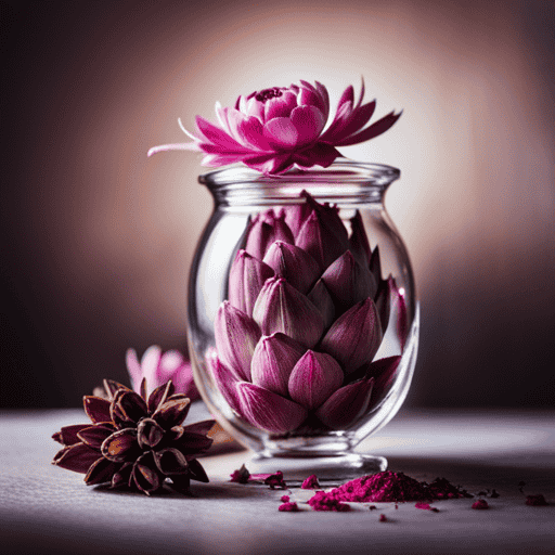 An image capturing the vibrant essence of artichoke flower tea preparation: a delicate, unfurling artichoke blossom submerged in simmering water, releasing its enchanting hues of soft pinks and purples, surrounded by aromatic herbs and spices