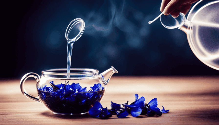 An image showcasing the step-by-step process of making Blue Pea Flower Tea: a serene hand gently pouring hot water over vibrant blue petals in a clear glass teapot
