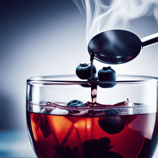 An image showcasing the step-by-step process of brewing blueberry herbal tea: a vibrant mix of fresh blueberries being gently crushed, hot water being poured over the berries, and the tea steeping with a hint of steam rising from the cup