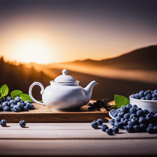 An image showcasing a serene scene of a wooden tea tray adorned with fresh blueberries, surrounded by fragrant herbs, as steam rises from a delicate teapot pouring vibrant blueberry herbal tea into a dainty porcelain cup