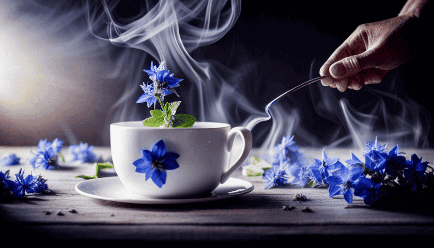 An image showcasing the step-by-step process of making borage flower tea: a close-up shot of delicate borage flowers being carefully plucked, steeped in hot water, and served in a steaming cup