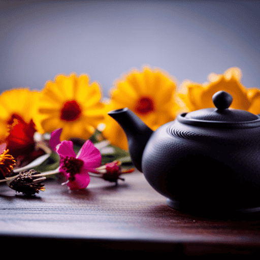 An image showcasing a serene, nature-filled scene with a wooden table adorned with a teapot, delicate dried calendula, hibiscus, lavender, and rose petals, enticingly arranged for brewing herbal tea