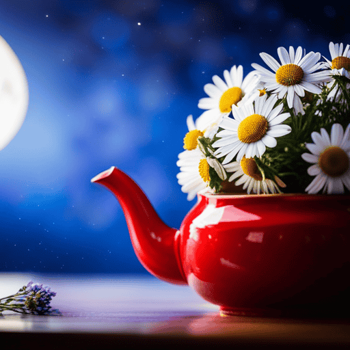 An image showcasing a hand-picked bouquet of fragrant chamomile and lavender flowers, gently steeping in a teapot surrounded by a celestial backdrop of starry night sky and a glowing crescent moon