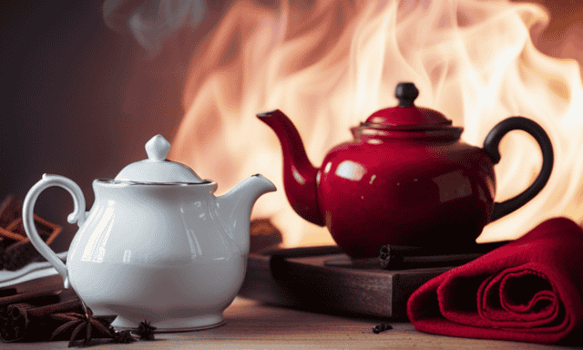 An image of a rustic kitchen setting with a steaming teapot on a stove, aromatic spices like cinnamon, cardamom, and cloves neatly arranged nearby, and a teacup filled with rich red Chai Rooibos Tea