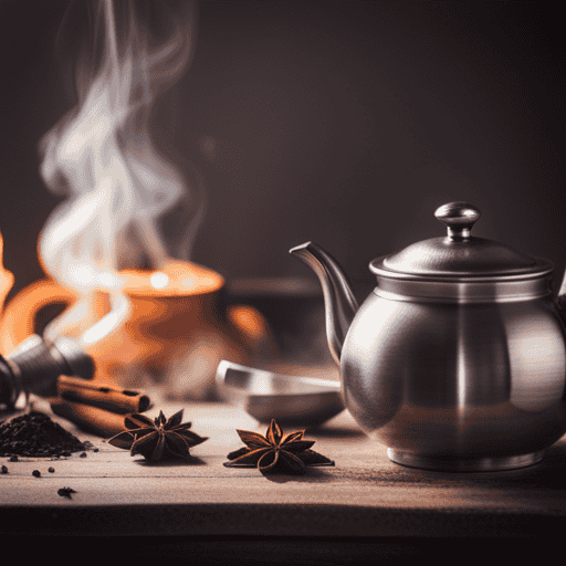 An image depicting a cozy kitchen scene with a steaming teapot, loose herbal tea leaves swirling in a cup, spices like cinnamon and cardamom, and a mortar and pestle for grinding