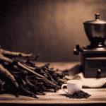 An image showcasing a rustic wooden table adorned with a vintage coffee grinder, a pile of roasted chicory roots, and a ceramic cup brimming with rich, dark chicory root coffee, steam gently rising