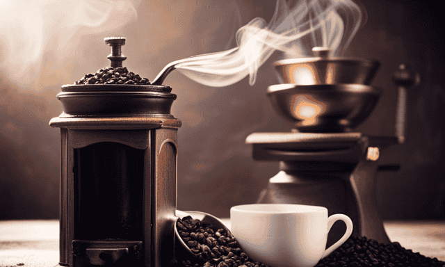 An image of a hand holding a glass jar filled with roasted chicory root, surrounded by a vintage coffee grinder, a mortar and pestle, and a steaming cup of chicory-infused coffee