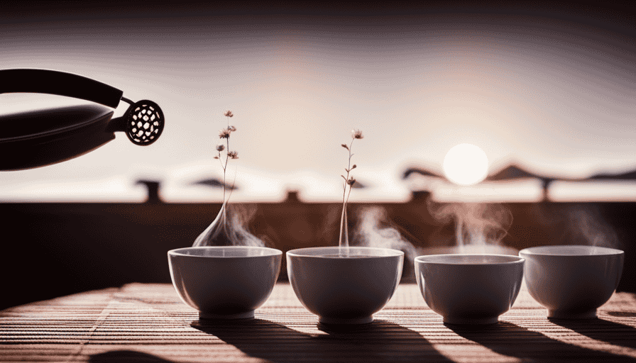 An image showcasing a traditional Chinese teapot pouring a steaming, aromatic brew of herbal tea into delicate porcelain cups, with dried herbs and flowers artistically arranged nearby, evoking the serene ambiance of a tea ceremony