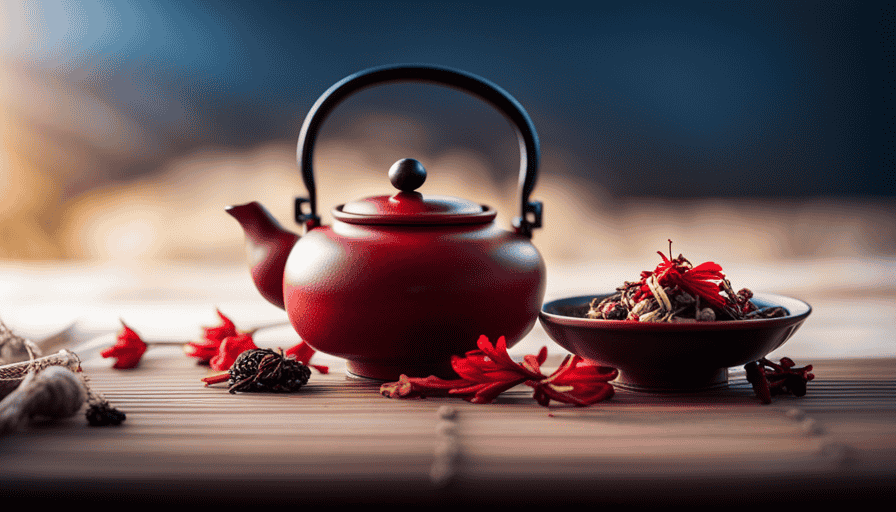 An image showcasing a serene teapot exuding delicate steam, surrounded by vibrant dried Chinese herbs like goji berries, chrysanthemum flowers, and dried ginseng roots, inviting readers to explore the art of making Chinese herbal tea