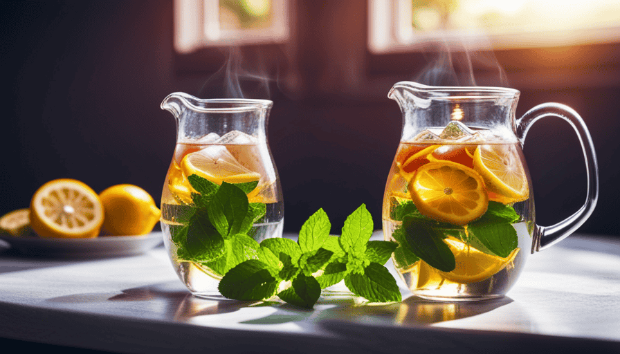 An image capturing the essence of making cold herbal tea: A glass pitcher filled with icy water, adorned with vibrant mint leaves and slices of citrus fruits, while delicate herbs steep gracefully in a sunlit corner