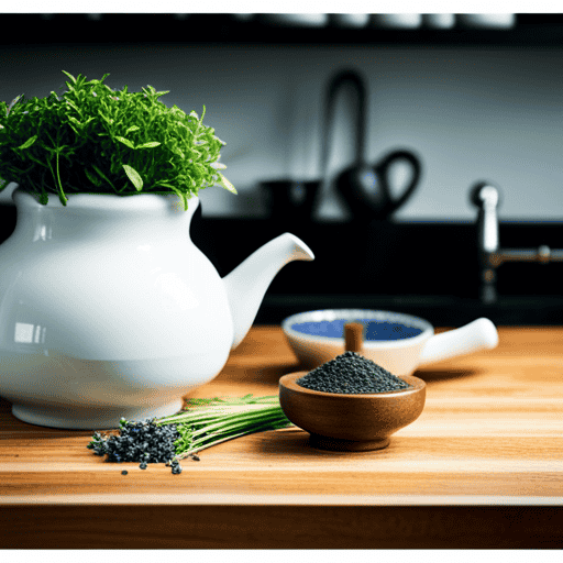 An image showcasing a serene kitchen scene with a wooden countertop adorned with an array of vibrant fresh herbs, a ceramic teapot, a mortar and pestle, and a delicate strainer, exemplifying the art of making daily herbal tea in Traditional Chinese Medicine (TCM)