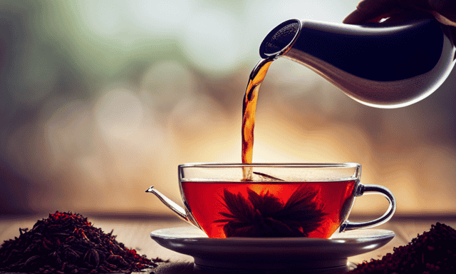 An image depicting a serene setting with a steaming teapot pouring vibrant red Rooibos tea into a delicate, transparent cup