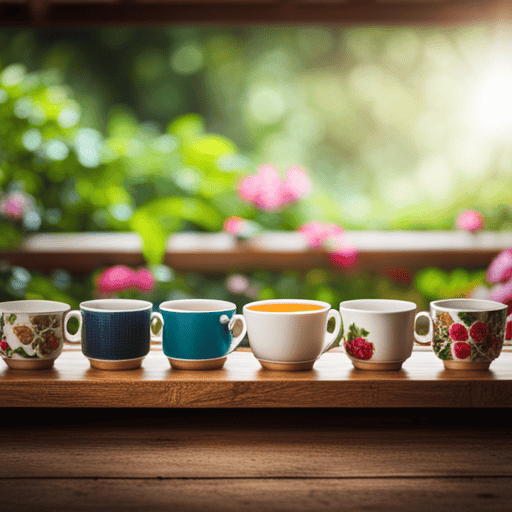 An image depicting an inviting wooden table adorned with vibrant teacups, showcasing a variety of meticulously crafted herbal tea recipes