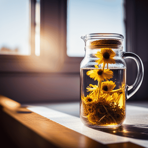 An image showcasing a glass jar filled with golden dried chamomile flowers, gently cascading into a clear pitcher of ice-cold water