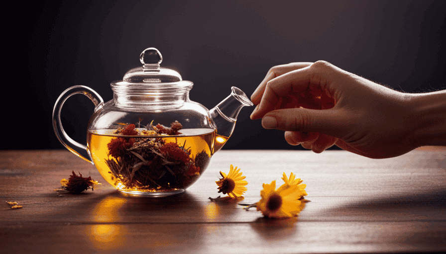 An image capturing the serene process of making dry flower tea: a hand gently placing vibrant dried flowers into a glass teapot, as sunlight filters through, casting delicate shadows of petals on a cozy wooden table