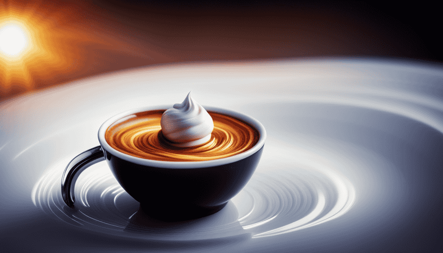 -up shot of a perfectly brewed espresso in a small white cup, topped with a generous dollop of velvety whipped cream, slowly melting and creating a mesmerizing swirl of colors