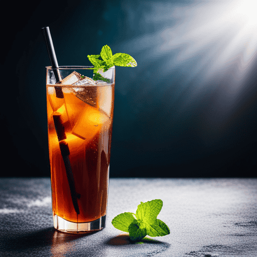 An image showcasing a tall glass filled with chilled, amber-toned herbal chai ice tea, garnished with sprigs of fresh mint leaves and surrounded by condensation droplets
