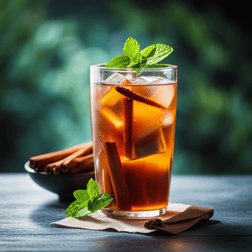 An image showcasing a glass filled with chilled, golden-hued herbal chai iced tea