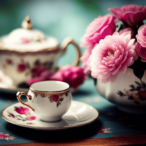 An image featuring a vintage tea party scene, highlighting an exquisite arrangement of delicate flowers in charming tea cups