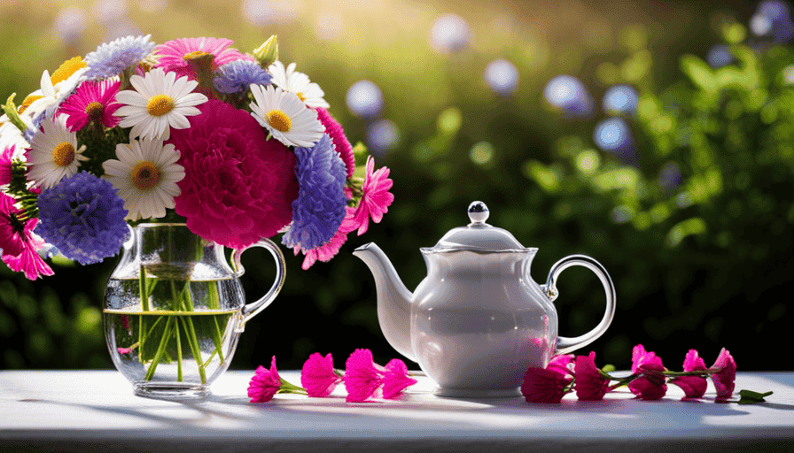 An image showcasing a delicate porcelain teapot pouring steaming water over a vibrant bouquet of freshly picked flowers, their colorful petals gently unfurling and infusing the water with their fragrant essence