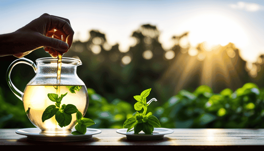 An image that showcases the step-by-step process of making fresh basil flower tea: a vibrant green basil plant being harvested, delicate basil flowers being infused in boiling water, and a beautifully garnished cup of aromatic tea