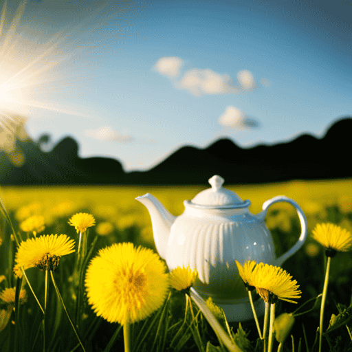 An image showcasing a pair of hands delicately plucking vibrant yellow dandelion flowers from a sun-kissed meadow, while a steaming teapot sits nearby, ready to infuse the blossoms into a refreshing cup of homemade dandelion tea