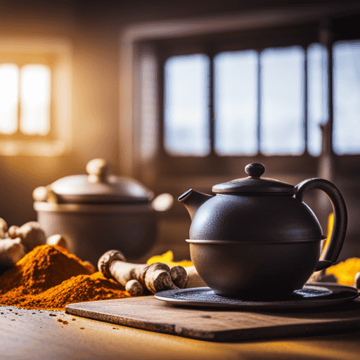 An image that showcases a rustic kitchen scene, featuring a steaming cup of golden ginger and turmeric tea, surrounded by freshly grated ginger, vibrant turmeric roots, and delicate tea leaves